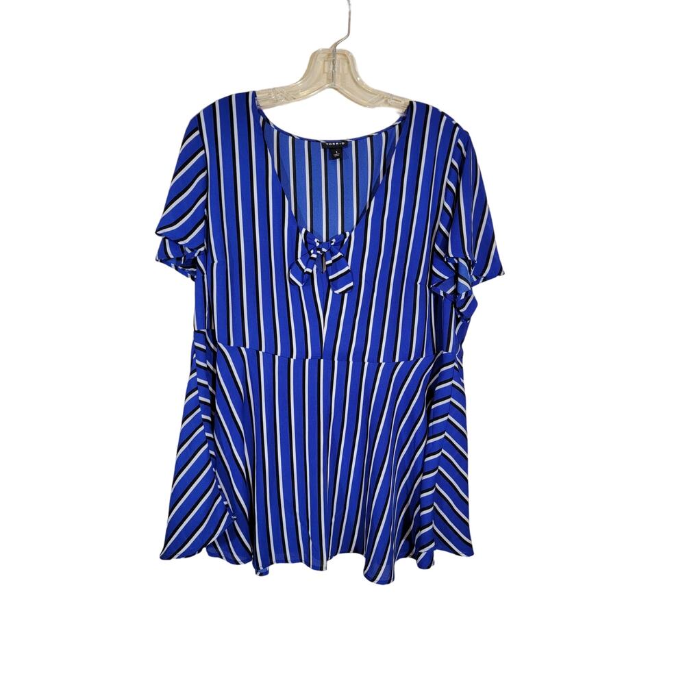 Torrid Women Striped Georgette Empire Waist Blouse Blue White Black Size 1X Bow